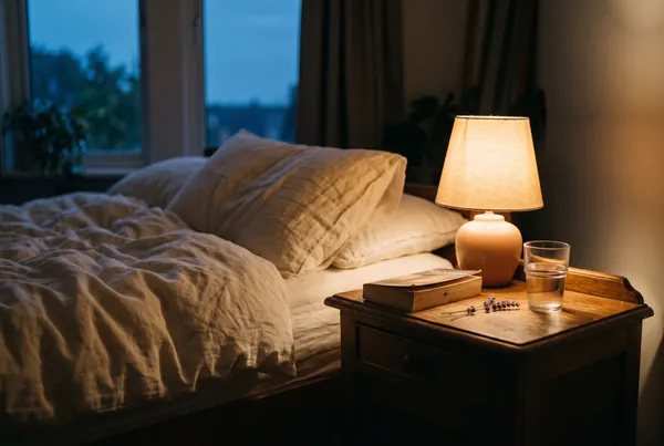 A bedside table at dusk with a warm lamp, a book and a glass of water