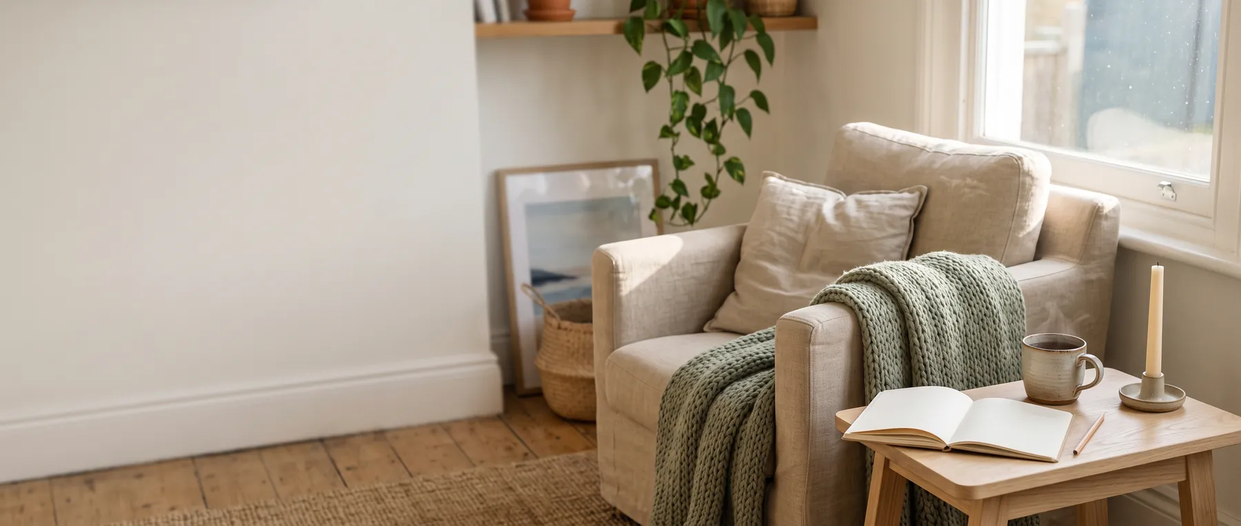 A sunlit corner of a living room with a linen armchair, a sage-green knitted throw, an open notebook and a mug of tea